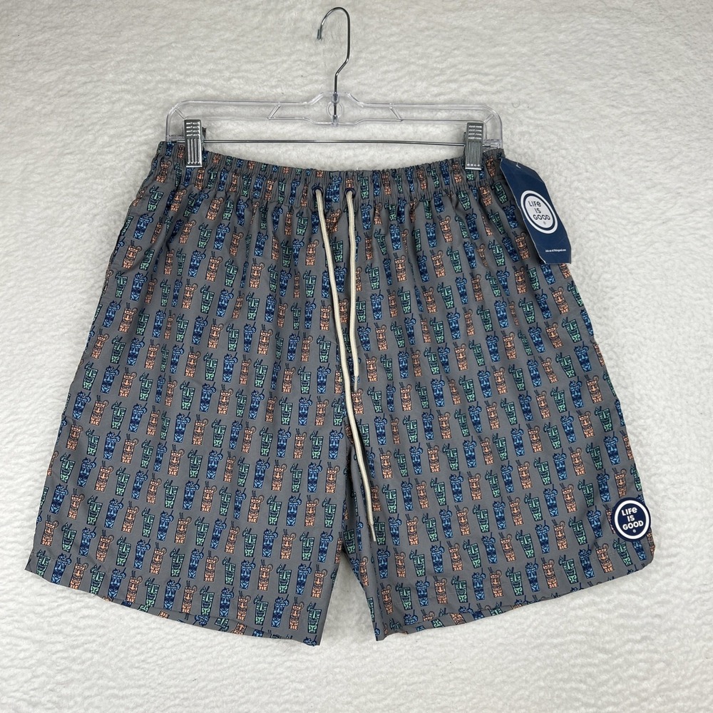 NWT Life Is‎ Good Swim Trunks Shorts Tiki Drink Cocktail Gray UPF 50 Men's Large